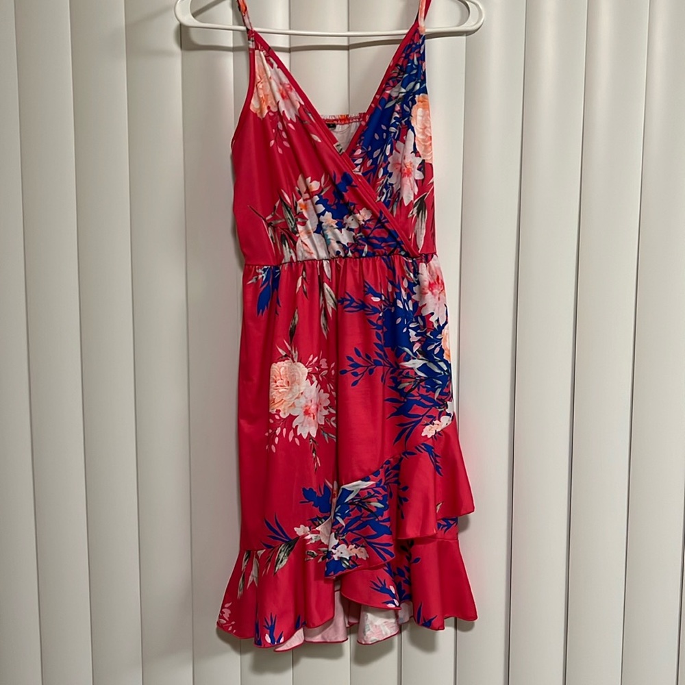 Womens V Neck Floral Dress Sleeveless Casual Ruffles Hem Dress Loose High Waist